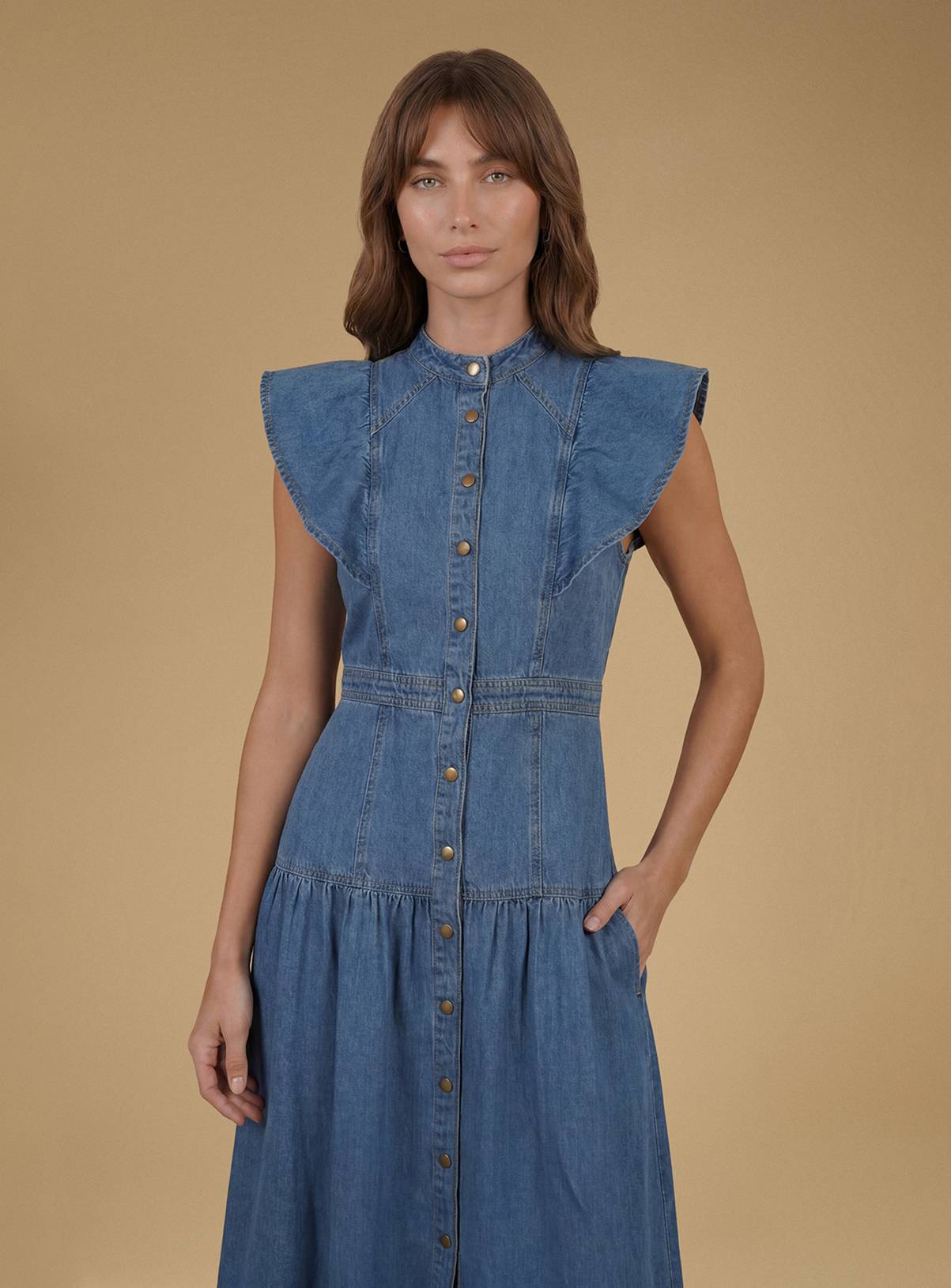 OASIS Ruffle Denim Midi Dress Mid Denim 10 - Image 4